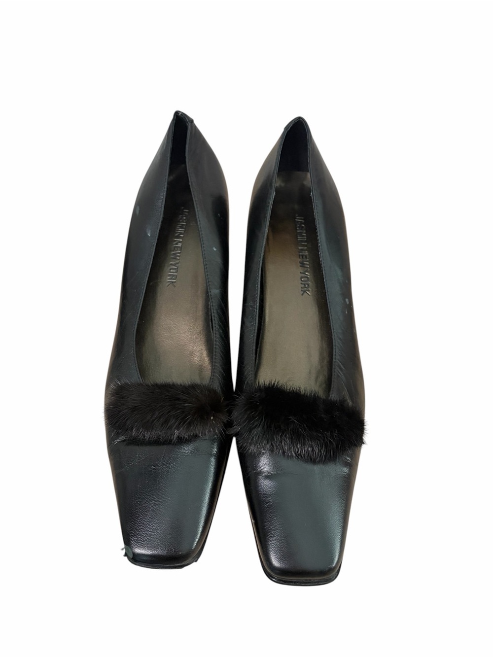 Jasmin New York Black Leather Kitten Heel Pumps Furred Loafers Size 7.5